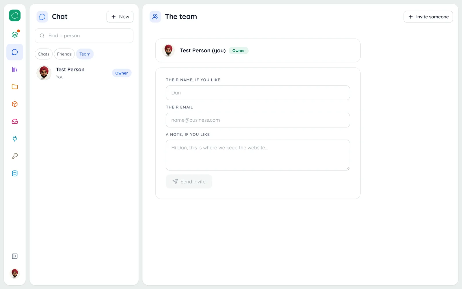 Chat › Team: who is on the project, and the invite form