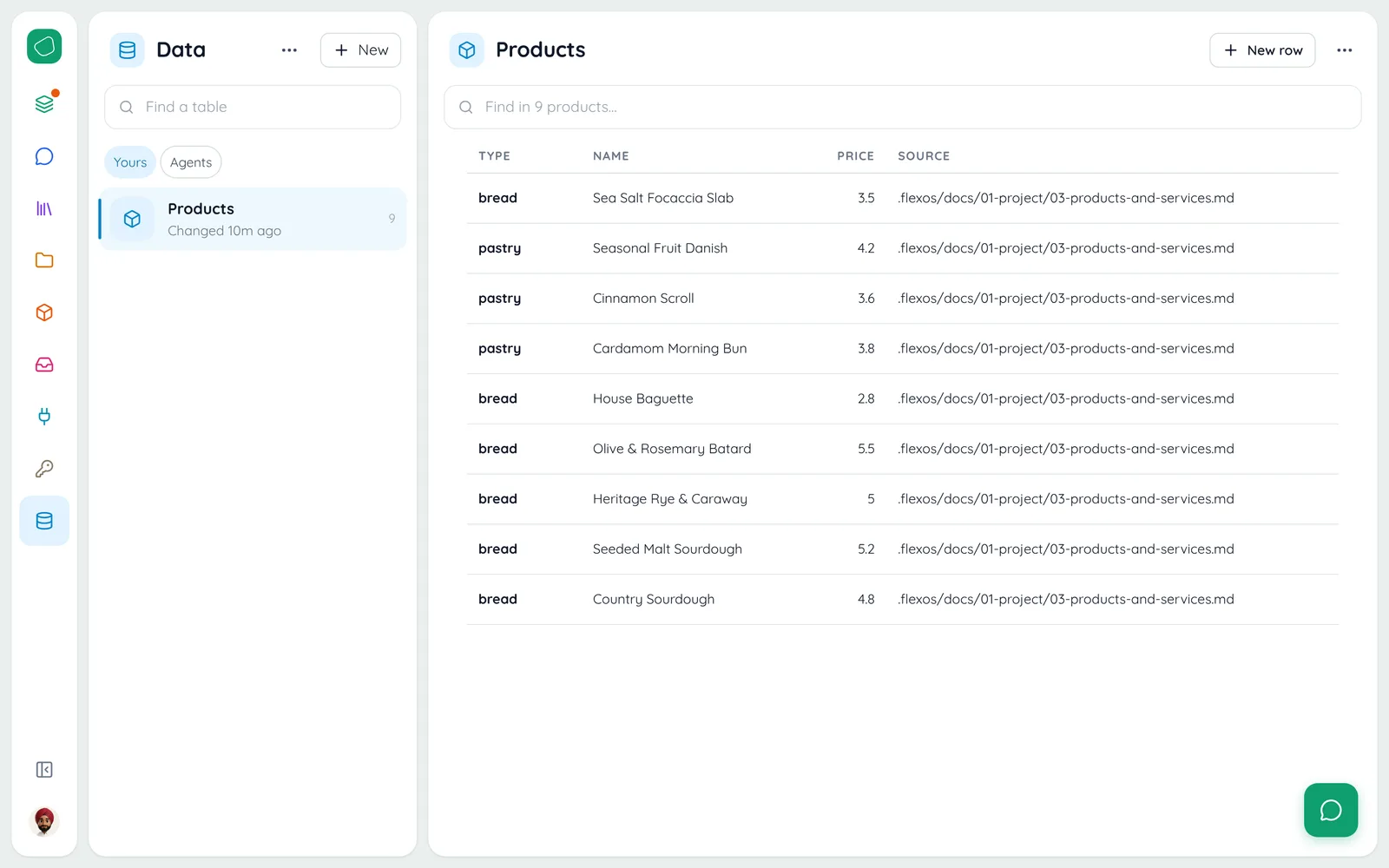 Data: your tables, and Ask Flexi to set them up or bring in a spreadsheet