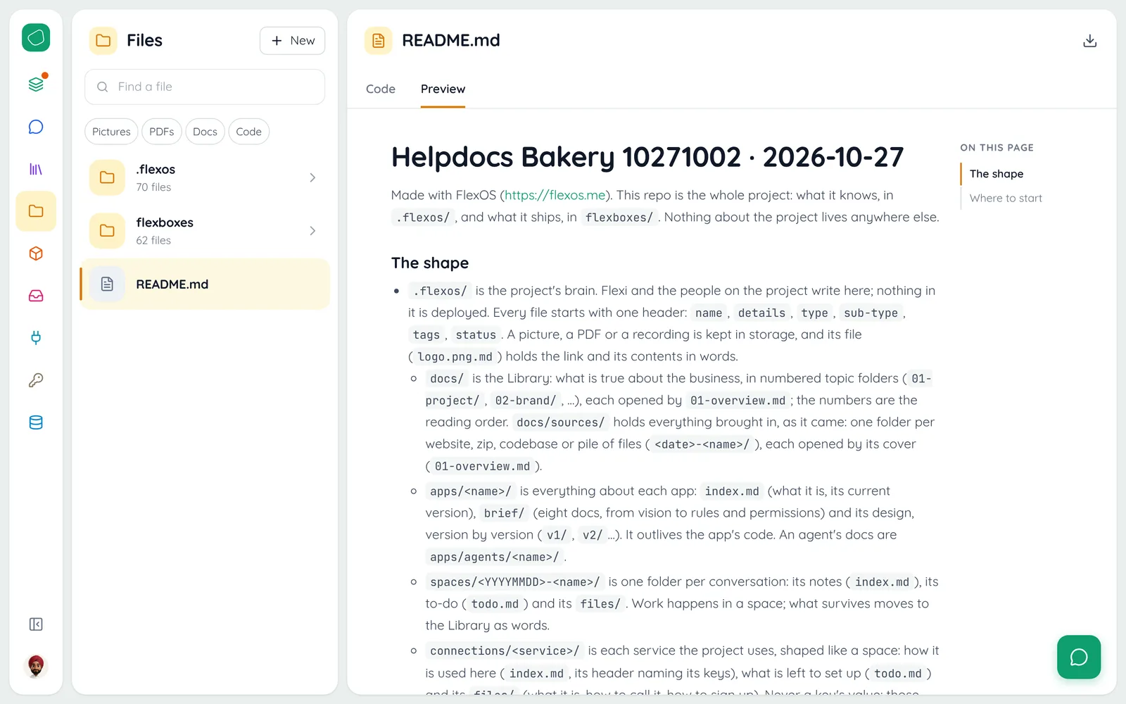 Files: the project’s folders, the Pictures, PDFs, Docs and Code chips, and the README open