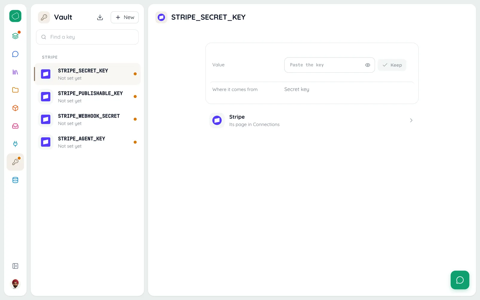 The Vault: the keys to set, by service, and Export .env