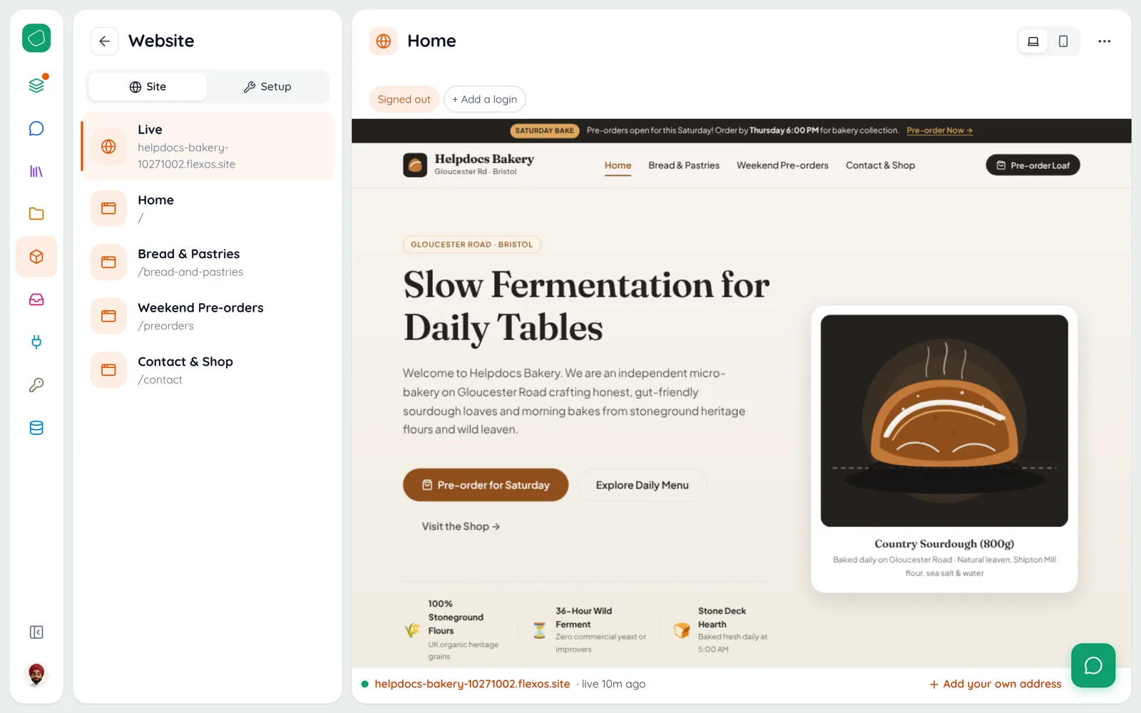 Apps › Website › Live: the site as a visitor sees it, its address and Add your own address at the foot